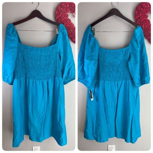 Bar III Womens Smocked Off-The-Shoulder Mini Puff Sleeve Dress XL Blue - Picture 1 of 10